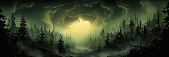 Poster - A vibrant painting capturing the beauty of a dense forest teeming with a variety of lush trees in full bloom, creating a mesmerizing and harmonious scene