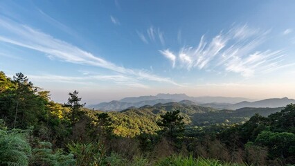 Wall Mural - Timelapse of moving clouds in the sky above landscape view with Doi Luang Chiang Dao seen in far distant