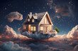 house floating in the clouds at night,moon
