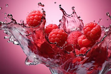Poster - Juicy raspberries dancing in a splash of water, creating a vibrant and refreshing scene that bursts with flavor and color