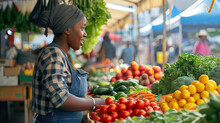 Springtime Farmers Market: A black vendor selling fresh produce at a bustling farmers market, offering a variety of seasonal fruits and vegetables