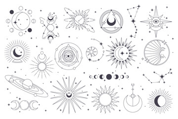 set of astronomy or astrology icon. vector celestial or sky sign. moon and sun, saturn planet and ho