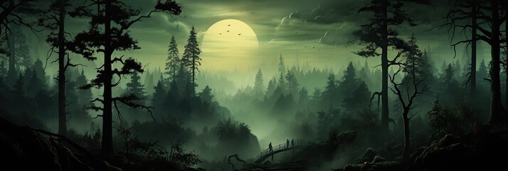 Poster - A mesmerizing painting of a dense forest bathed in the ethereal light of a full moon, casting a mystical glow on the towering trees and shimmering foliage
