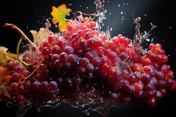Aufkleber - A bunch of grapes being splashed with water, creating a refreshing and vibrant effect as the droplets cascade over the ripe fruit