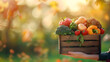 © john - Hands holding wooden box with harvest vegetables on blurred green farm field background,
