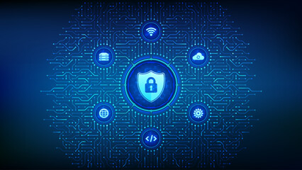 Poster - Security shield. Cyber security. Shield with Lock with keyhole icon. Cyber data protection. Information privacy idea. Background with circuit board connections and tech icons. Vector Illustration.