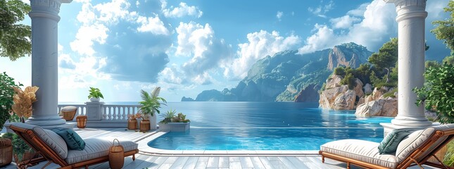 Wall Mural - Enjoy a leisurely swim in the pool with a stunning view of the ocean, surrounded by lush green plants and under a clear sky