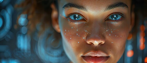 Fototapete - A female computer engineer is working on a Neural Network/Artificial Intelligence project with her multi-ethnic team of specialists. She has multiple screens that show 3D visualizations.