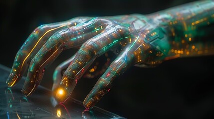 Leinwandbilder - Concept of artificial intelligence, future technology, and business - robot and human hand with flash light and virtual screen projection on a black background