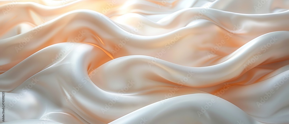 An abstract white background with a smooth curve and flowing satin wave ...