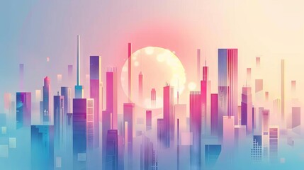 Wall Mural - Abstract cityscape with floating geometric shapes and pastel colors.