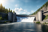 Fototapeta Most - Hydroelectric power station. Illustration of modern giant dam. Hydro electrification concept. Copy ad text space