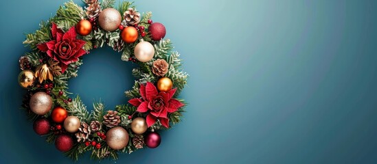 Wall Mural - Colorful Christmas wreath with various ornaments on a blue wall.