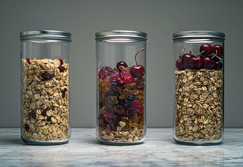 Wall Mural - A variety of dried and fresh fruits with oats and nuts poured from a glass jar, ideal ingredients for a healthy breakfast or snack