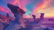 An otherworldly desert landscape with a neon-colored sky and surreal, floating rock formations.