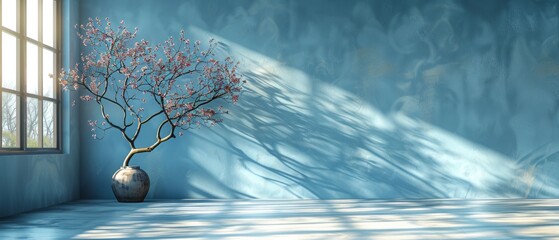 Aufkleber - The minimalist background of a light blue background is accompanied by a complex shadow from tree branches on the wall to create a beautiful presentation for a product.