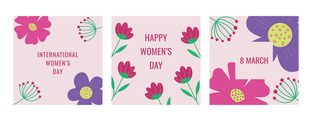 International Women's Day, March 8, Happy Women's Day. Banners, cards with floral arrangements of spring flowers. Modern vector.