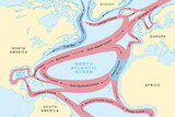 Fototapeta  - Map of North Atlantic Ocean currents, with Gulf Stream and other major ocean currents. North Atlantic water circulating in clockwise direction, red color for warm and blue color for cold currents.