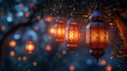 Wall Mural - Dark background with olive branch, lighted Arabic lanterns with burning candles at night. Glittering golden bokeh lights. Muslim holy month Ramadan Kareem.