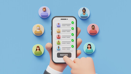 Referral program concept. Hand holding phone. Business partnership strategy with group of people.Network marketing,Referring friends, affiliate marketing concept.Landing page template. 3d illustration