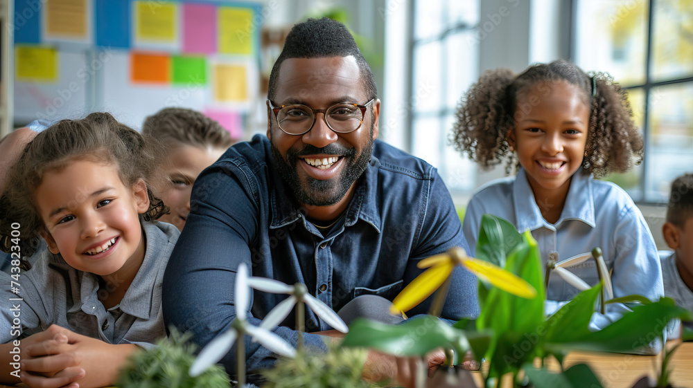 Happy diverse male teacher and children in elementary school class with ...