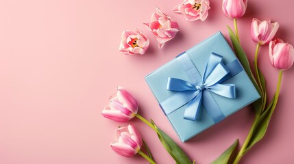 Canvas Print - An isolated pastel pink background with black copyspace is the background for this Mother's Day decorations concept. The gift box has a ribbon bow attached and a bouquet of pink tulips rests on a blue