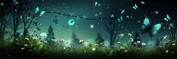 Poster - Colorful butterflies fluttering gracefully in the starlit sky, creating a mesmerizing scene of nature and magic
