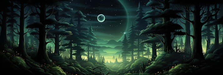 Canvas Print - A mesmerizing painting of a dark forest illuminated by the soft glow of the moon in the night sky, casting shadows and adding an aura of mystery and tranquility to the scene