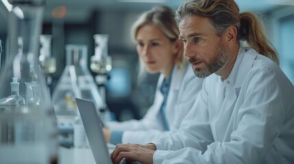 Leinwandbilder - The two engineers are analyzing artificial intelligence software in a high tech research office using laptop computers.