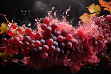 Aufkleber - Vivid red grapes splashing in water with autumn leaves on a dark background.