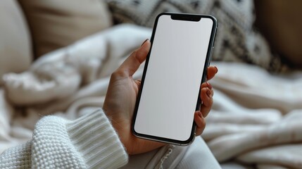 Poster - A woman holding a modern smart phone mockup. Mockup of modern black frameless smartphone with blank white screen. Isolated on white background, high quality studio shot.