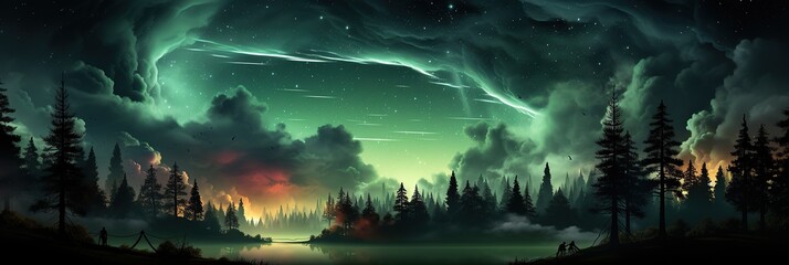 Poster - forest teeming with towering trees, their branches intertwining in a harmonious dance under a luminous sky