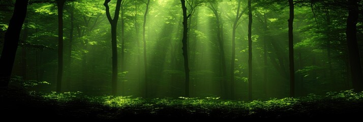 Poster - vast forest teeming with an abundance of green trees, creating a harmonious and vibrant natural landscape, banner