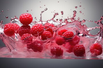 Aufkleber - Fresh raspberries are captured mid-splash as they collide with a glass of crystal-clear water, creating a dynamic and colorful display