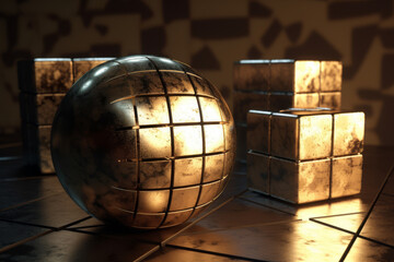 Wall Mural - metallic geometric 3d art - generative ai