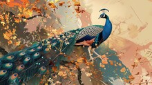 Artistic Background, Vintage Illustration, Floral Plants, Branches, Peacocks, Gold. 3D, Textured Background. Painting. Modern Art. Wallpapers, Posters, Cards, Murals, Prints, Etc.