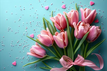 Poster - Bouquet of pink tulips on a blue background with hearts