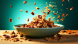 Granola spreads from bowl. Healthy breakfast ingredients, flying food