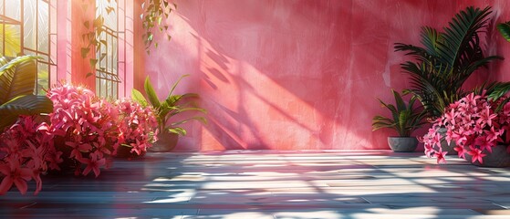 Aufkleber - For product presentation, this color gradient studio background has shadows of the windows, flowers, palm leaves, and 3D copy space. The backdrop is blurry.
