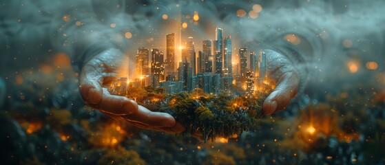 Aufkleber - A man holds a futuristic phone in his hand that shows a futuristic city with holographic worlds. Concepts: business, connection, communication, and people.