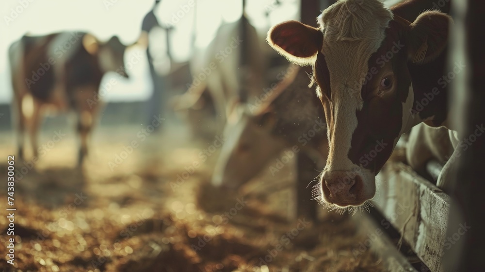 Healthy dairy cows feeding on fodder standing in row of stables in ...