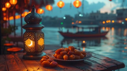 Wall Mural - During the Muslim feast of Ramadan Kareem, there is a lantern with a moon symbol on top and a small plate of dates fruit with bokeh light and night sky in the background.