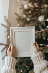 Wall Mural - woman holding empty mockup frame 