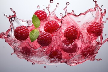 Poster - Raspberries gracefully fall into a glass of water, creating a mesmerizing splash of color and motion