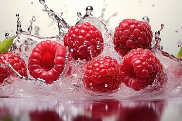 Aufkleber - Fresh raspberries cascade in sparkling water, creating a mesmerizing display of vibrant colors and playful splashes