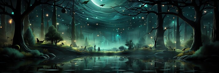 Poster - A vivid painting capturing a dense forest filled with an abundance of towering trees, their branches reaching towards the sky in a harmonious display of natures beauty