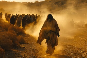 Wall Mural - Moses leads jews through desert, biblical journey to promised land in sinai. religious historical escape narrated in bible, showcasing moses leadership and divine intervention in israelite exodus.