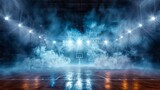 Fototapeta  - Dynamic view of a basketball court in a stadium with bright lights and theatrical smoke effects