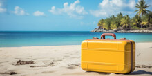 Yellow Hand Luggage Suitcase For Travel On The Sandy Beach Of A Tropical Island. Vacations And Visiting Tourist Places.