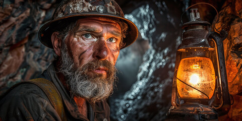 Wall Mural - old miner with a lantern inside the mine